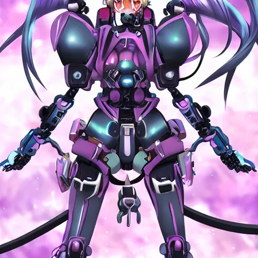 Prompt: a digital anime waifu demon operating a mech suit