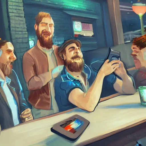 Image similar to a man playing on a computer, sitting outside at a crowded bar, his friends are frustrated, hyper detailed, uhd, 8 k, digital art, award winning, trending on artstation,