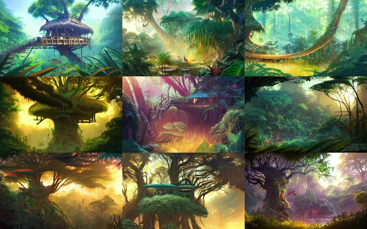 Prompt: concept art landscape of a jungle scene during golden hour, an overgrown treehouse in the middle of a clearing, beautiful, fantasy, colorful, cinematic lighting, artstation, trending, highly detailed, focus, smooth, by studio ghibli, rossdraws, hirohiko araki, conrad roset, yoshitaka amano