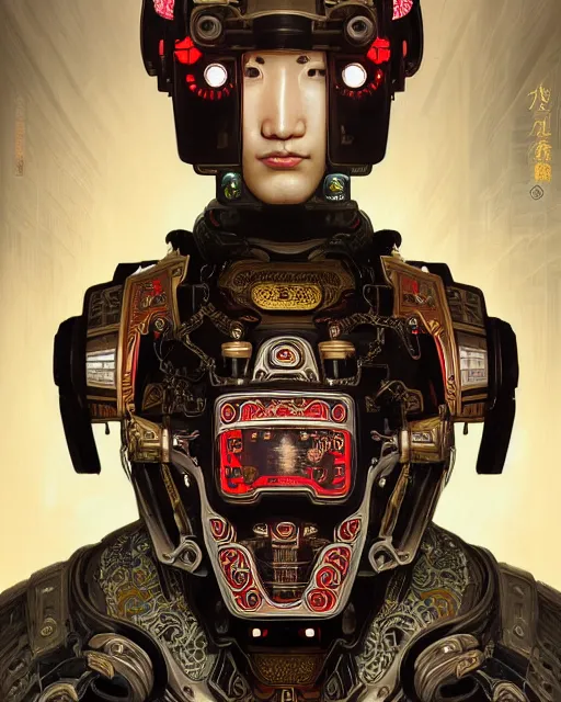 Image similar to portrait of a masculine male cyberpunk machine, machine face, upper half portrait, decorated with chinese opera motifs, asian, fine china, wuxia, traditional chinese art, intricate, elegant, highly detailed, symmetry, headpiece, digital painting, artstation concept art smooth sharp focus, illustration, art by artgerm and greg rutkowski alphonse mucha 8 k