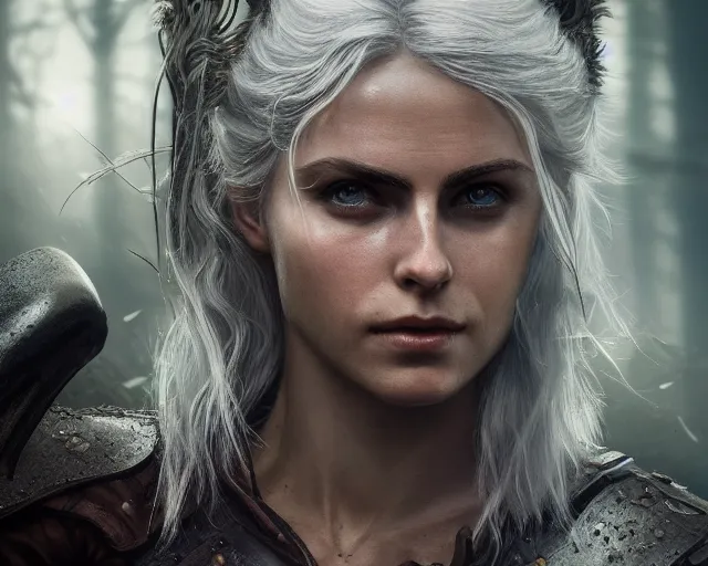 Image similar to 5 5 mm portrait photo of a real life tough looking freya allen as ciri in brown leather armor with silver hair and a large scar along her left cheek, in a magical forest. dark atmosphere. art by greg rutkowski. highly detailed 8 k. intricate. lifelike. soft light. nikon d 8 5 0.