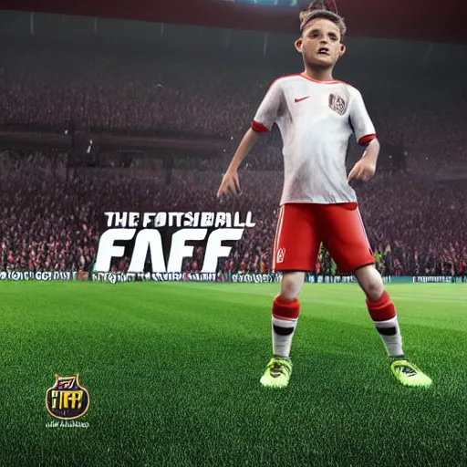 Image similar to the next football superstar from 2034 on the cover of the Fifa game of that very year, high quality very detailed 4k