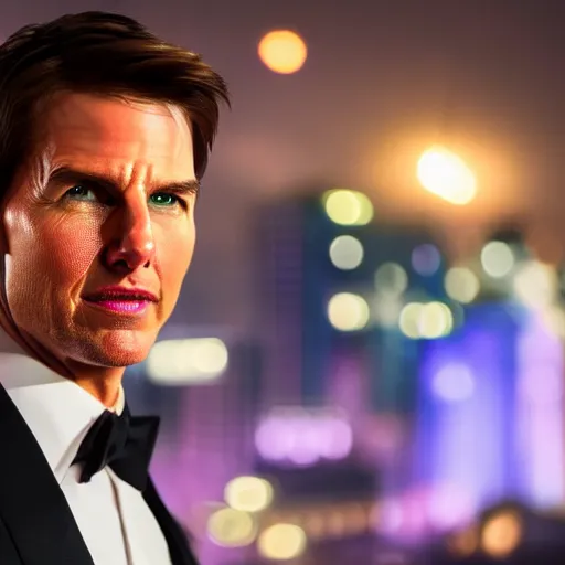 Image similar to a still of Tom Cruise. Shallow depth of field. City at night in background, lights, colors ,studio lighting, mood, 4K. Profession photography