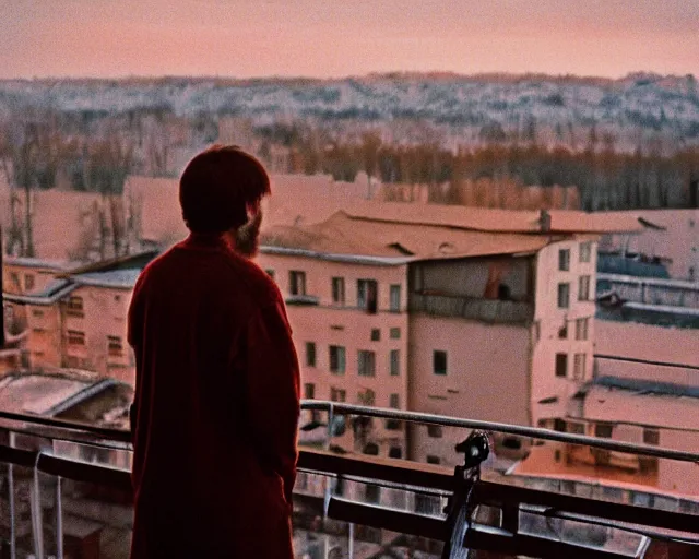 Image similar to award - winning lomographic tarkovsky film still of 4 0 years russian man with beard and sweater standing on small hrushevka 9 th floor balcony in taiga looking at sunset, kodak ektar, bokeh