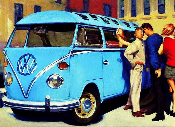 Image similar to detailed painting two young men and women in front of blue vw bus by edward hopper, bernardo bertolucci dreamers movie scene