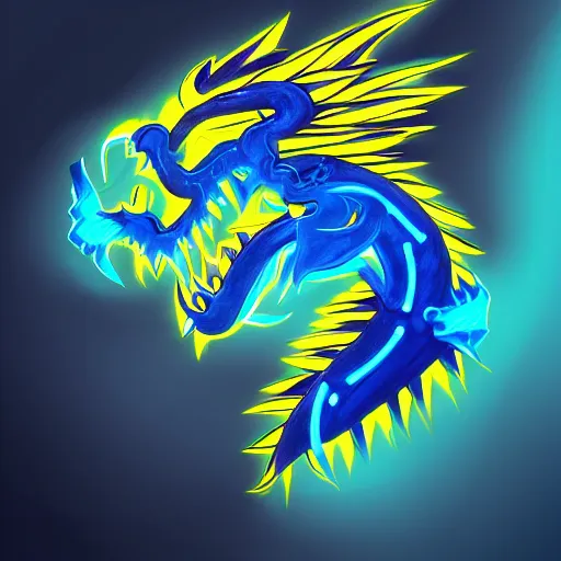 Image similar to illustration neon blue and yellow chinese dragon with ukraine background. trending on artstation