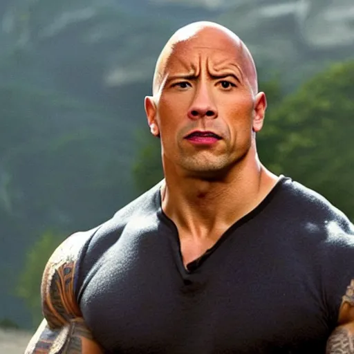 Prompt: photo of dwayne johnson played by vin diesel flexing his pecks, a brass bell is visible in the background on his right, low perspective, isometric perspective, movie shot, outside shot