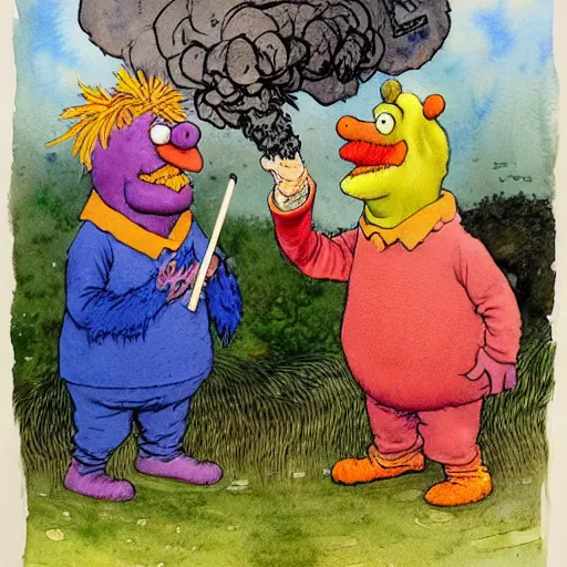 Image similar to a realistic and atmospheric watercolour fantasy character concept art portrait of bert and ernie with pink eyes smoking a huge blunt with a pot leaf nearby by rebecca guay, michael kaluta, charles vess and jean moebius giraud