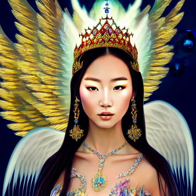 Image similar to beautiful asian mongolian princess goddess with angelic wings in a sensual pose, princess wearing a crown with gemstones, near lake baikal, atmospheric lighting, intricate, volumetric lighting, beautiful, sharp focus, ultra detailed, in the art style of bagshaw tom