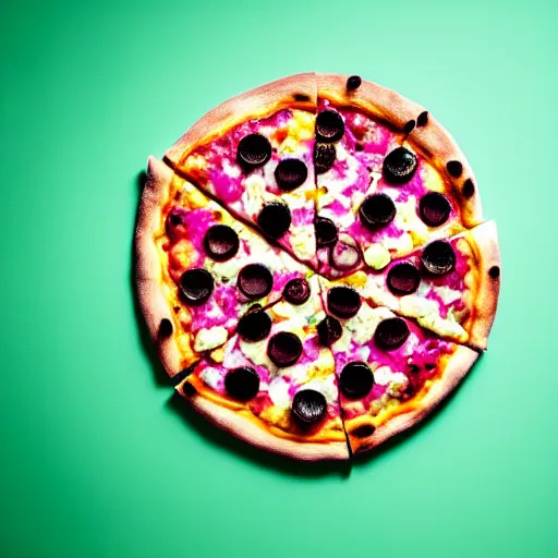 Image similar to a macro photo of a slice of pizza, hyper realistic, hyper detailed, 35mm, very grainy film, pink volumetric studio lighting, bokeh, black background award winning shot, vogue magazine, cinematic, 8k, very closeup, elegant, tender, pastel