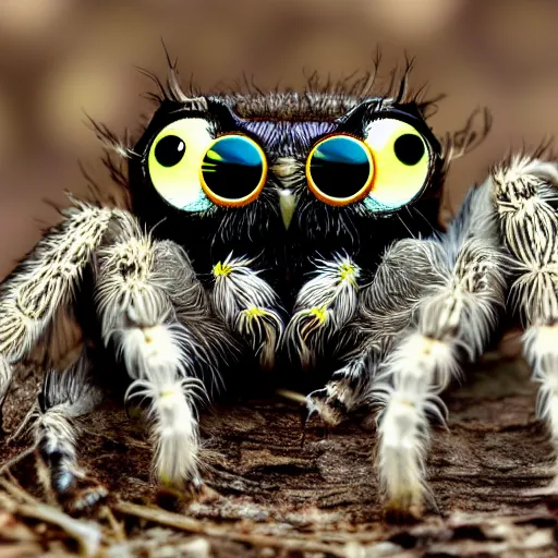 Prompt: jumping spider mixed with owl, cute creature, hybrid, anamorphic lens, bokeh, kodak color film stock, macro shot
