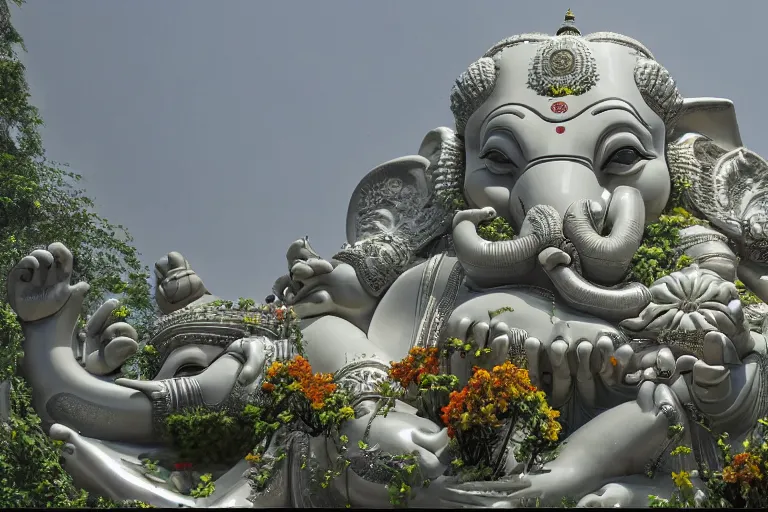 Image similar to magnificent futuristic new delhi, sharp biophilic ganesha!! building, kalighat flowers, highly detailed, stephen shore & john j. park, cinematic light, wide shot, ground angle, uhd 8 k, sharp focus