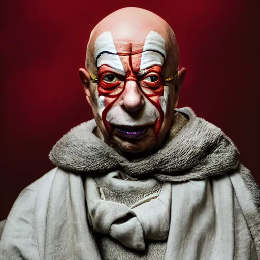 Prompt: UHD candid color photo of Klaus Schwab dressed as dystopian emperor, wearing accurate clown makeup, accurate face, UHD, photorealistic, correct face, photo by Annie Leibowitz