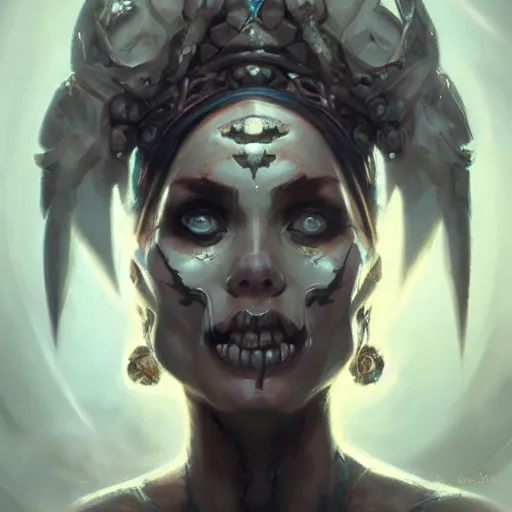 Image similar to a beautiful portrait of skull goddess by greg rutkowski and raymond swanland, dar ; k background, trending on artstation