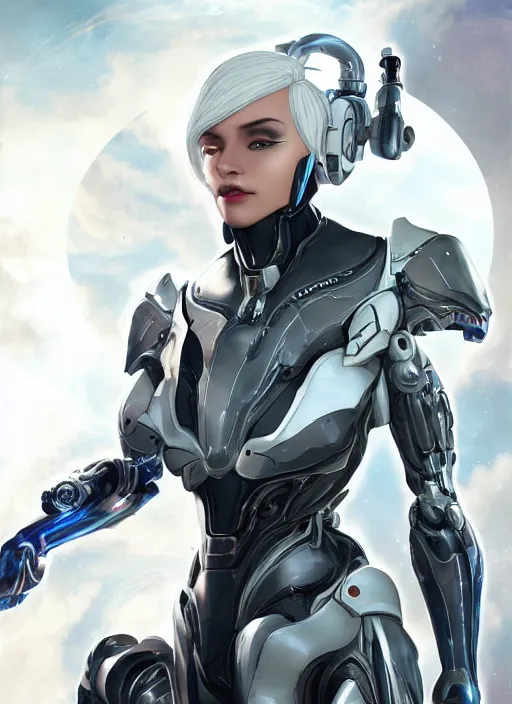 Image similar to photo of a cyborg girl on a space ship, warframe armor, white hair, pretty face, scifi, professionally color graded, interesting angle, sharp focus, 8 k high definition, insanely detailed, intricate, innocent, art by stanley lau and artgerm