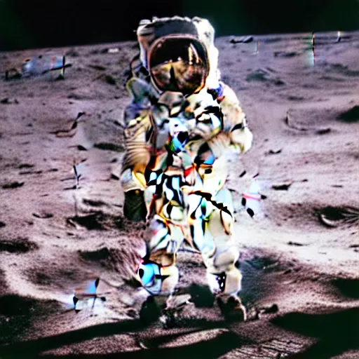 Prompt: medium - shot low - angle outside studio, golden hour, pale david bowie!! in a space suit on the moon!! surface!!, visible face!!, nasa archives, by warhol,