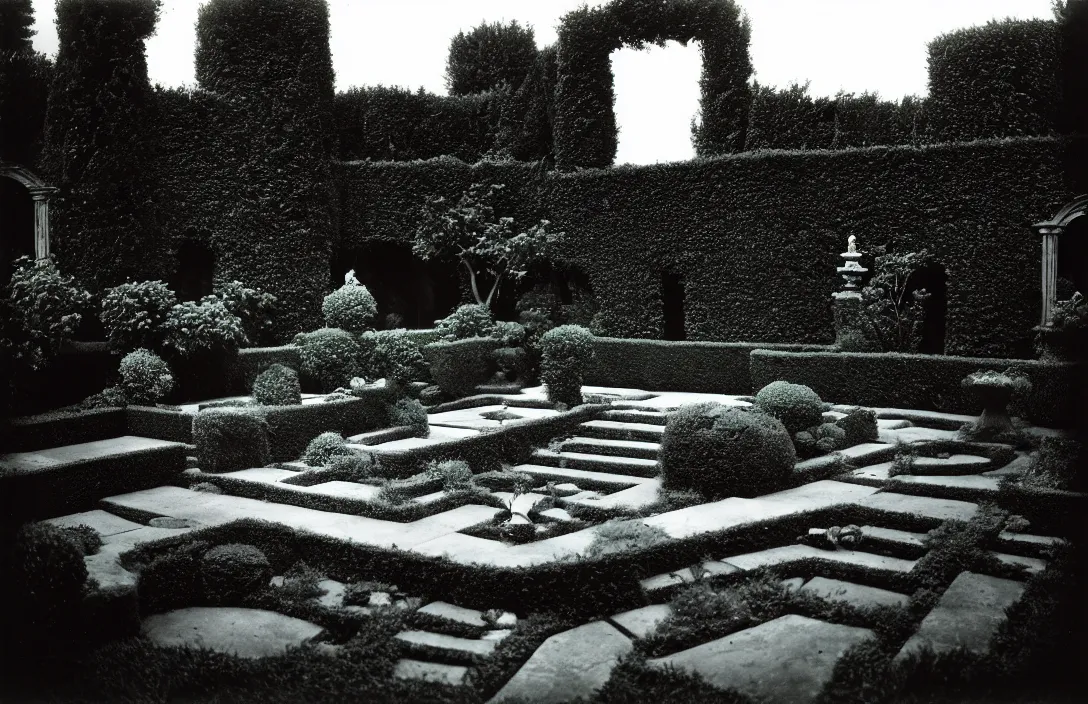 Image similar to garden idyll forms exist in three dimensions, with height, width, and depth. overgrown stone garden stars lingering above intact flawless ambrotype from 4 k criterion collection remastered cinematography gory horror film, ominous lighting, evil theme wow photo realistic postprocessing wet crime scene photograph by ansel adams