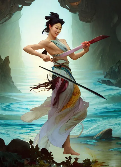 Prompt: arden cho as a chef, in a battle pose, holding magical kitchen knives, beautiful rivers of energy flowing in background, by peter mohrbacher and alphonse mucha and loish, 4 k, high resolution, intricate, hyperdetailed, photorealistic, artstation, smooth, sharp focus