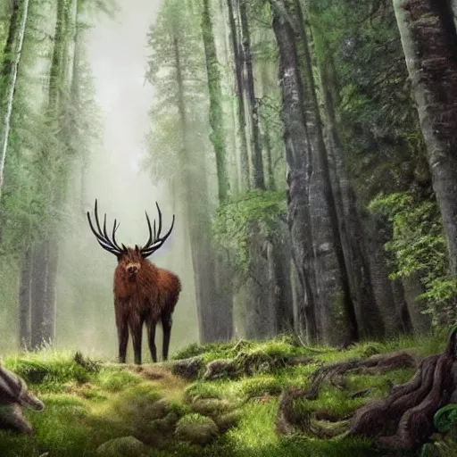 Image similar to A majestic forest creature is staring at the camera, very detailed, cinematic, epic painting in the style of Lord of the Rings