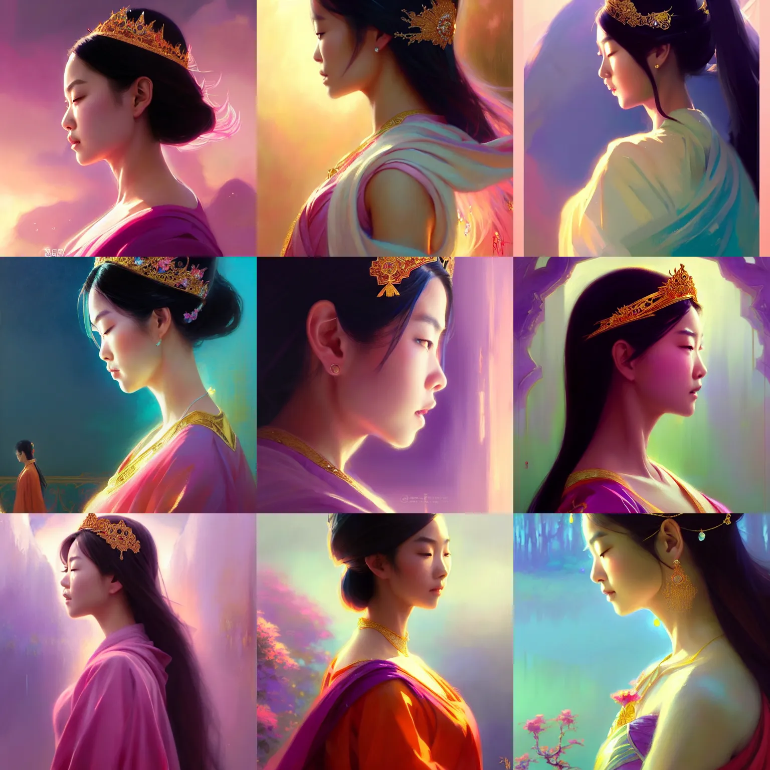 Prompt: side profile, beautiful asian girl with a tiara and jewelry, robes, elegant, concept art, smooth, ethereal background, vibrant colors, oil painting, by greg rutkowski, jesper easin, ilya kuvshinov, artgerm, mucha