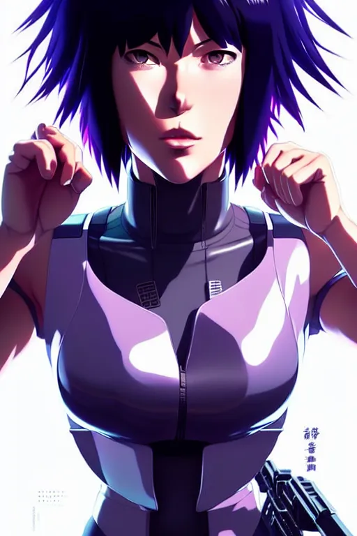 Image similar to a fullbody portrait of motoko kusanagi the major ghost in the shell : : stand alone complex, under repairs, maintenance : : by ilya kuvshinov, rossdraws, artgerm, sola digital arts, anti aliasing, raytracing : :