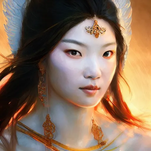 Image similar to Portrait of a Asian Goddess with angel wings, and a glowing halo, white lighting, digital art by Ruan Jia and Mandy Jurgens and Artgerm, highly detailed, trending on artstation, award winning,