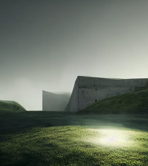 Image similar to the symmetric green cross lights in the artic, volumetric lighting, fog, majestic light, octane render, beauty fog, ethereal glare of the sun, hyperrealistic, epic, masterpiece, by peter zumthor