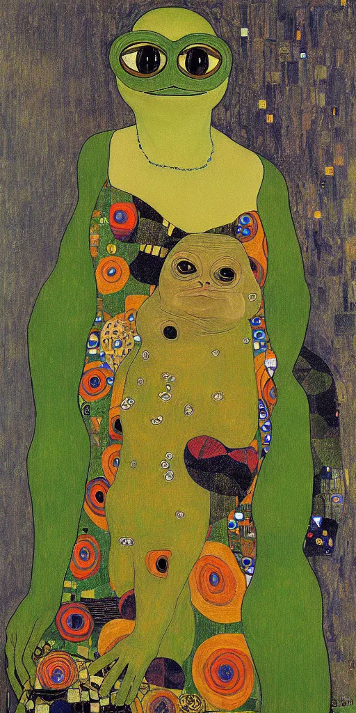 Image similar to pepe the frog in portrait of adele bloch - bauer i by gustav klimt