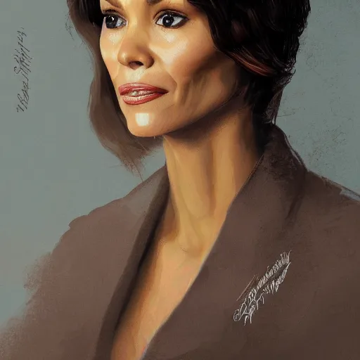 Image similar to portrait of maci holloway in the oval office, first woman elected as president in usa, cold but beautiful, about 3 5 years old, highly detailed, mix of halle berry and julia roberts, gong li, olga kurylenko, artstation hd, deviantart, by artgem, greg rutkowski