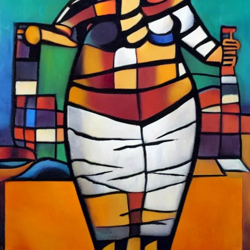 Image similar to fat mayan woman dancing, brilliant sunset, cubism, muted colors, texture