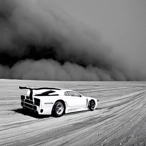 Image similar to a saleen s 7, drifting, on the moon, smoke coming from tires, film still, panavision panaflex