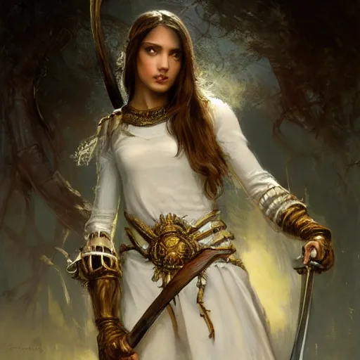 Image similar to artstation concept of a beautiful girl holding a sword in both hands, brown skin, symmetrical face, casual white garment, shiny colorful, hyperdetailed, artstation trending, world renowned artists, worth1000.com, historic artworks society, antique renewel, cgsociety, by greg rutkowski, by Gustave Dore, Deviantart