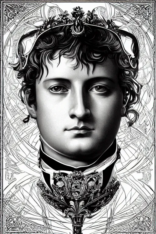 Prompt: hyperdetailed portrait of handsome manly god king napoleon bonaparte, laurel crown, digital painting, artstation hq, sharp focus illustration, artstation intricate, elegant. wlop, artgerm, greg rutkowski, alphonse mucha, medium shot. dan mumford, tomokazu matsuyama, takato 4 yamamoto