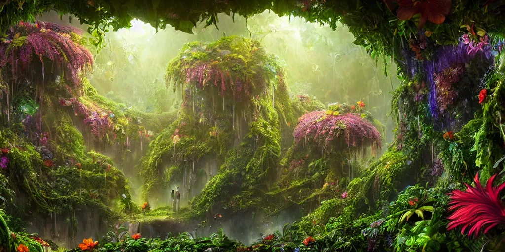 Prompt: a tropical rainforest of flowers and vines, futurism, high fantasy, magical elements, vibrant colors, lush landscape, sharp details, high res eautiful lighting, digital art, octane rendered, studio light, glowing lights, holographic undertones, epic fantasy, extremely detailed, establishing shot, realistic materials, hyperrealistic, high delicate defined details, 8 k