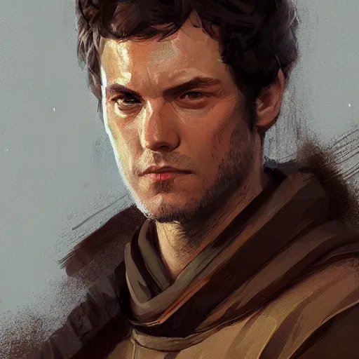 Image similar to portrait of a man by greg rutkowski, jedi kinght that looks like adam brody, messy brown hair, star wars expanded universe, he is about 3 0 years old, highly detailed portrait, digital painting, artstation, concept art, smooth, sharp foccus ilustration, artstation hq