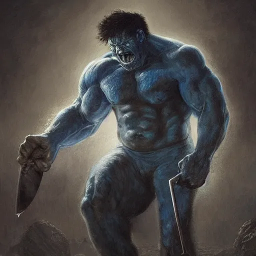 Image similar to artstation concept a midnight blue hulk jolding a meat cleaver, dusty, hyperdetailed, artstation trending, world renowned artists, worth 1 0 0 0. com, historic artworks society, antique renewel, cgsociety, by greg rutkowski, by gustave dore, deviantart