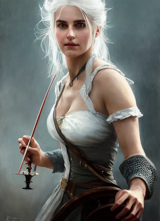 Image similar to portrait of ciri from the witcher in a white dress playing the violin. by Daniel F. Gerhartz, hyperrealistic oil painting, 4k, very detailed faces, studio lightning