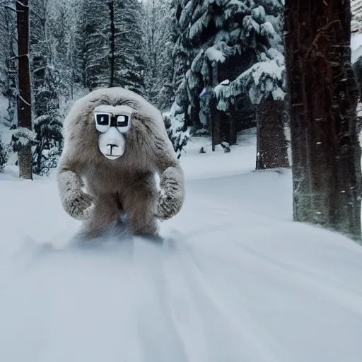 Prompt: cinematic film footage of a yeti running in the forest