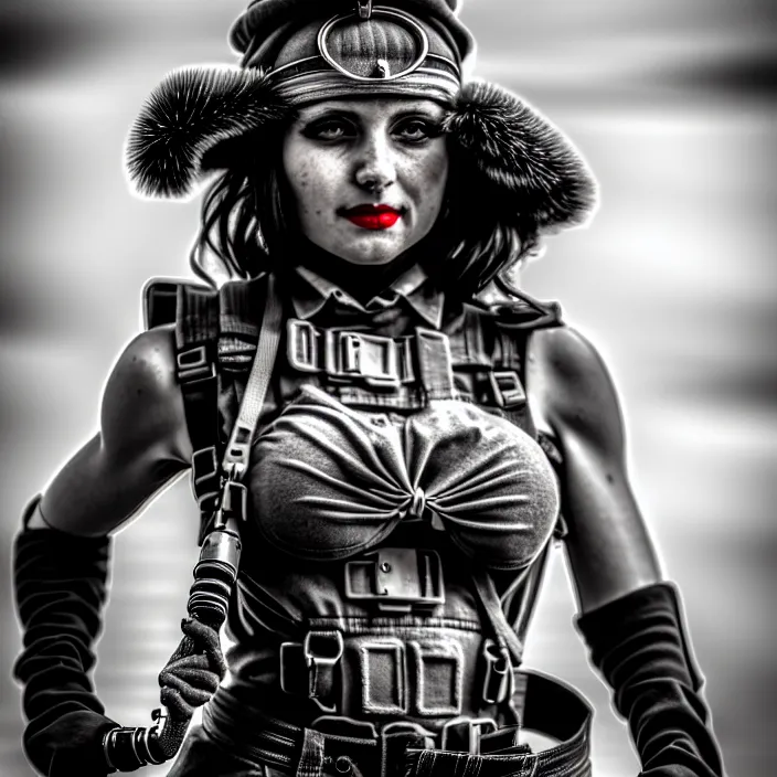 Image similar to photograph of a real - life very beautiful atompunk warrior. extremely detailed. dslr. 8 5 mm.