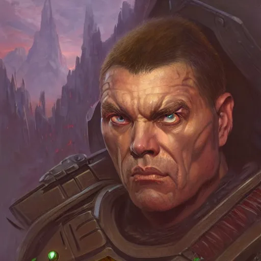 Image similar to the doomguy as a realistic d & d fantasy character, closeup portrait art by donato giancola and greg rutkowski, vintage retro, realistic face, digital art, trending on artstation, symmetry!!