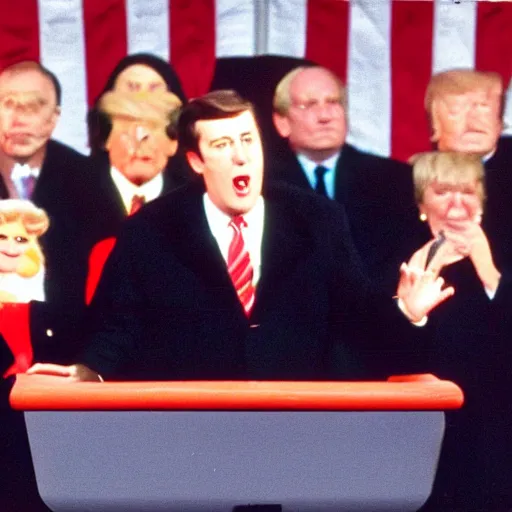 Image similar to a muppet giving presidential inauguration speech, at podium, realism, stunning photo - quality, movie - quality,