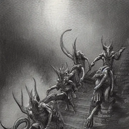 Image similar to a fantasy painting of three demons walking up stairs by Gustave Dore