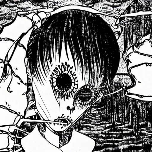 Image similar to manga panel, junji ito, body horror, terrifying, nightmare fuel,