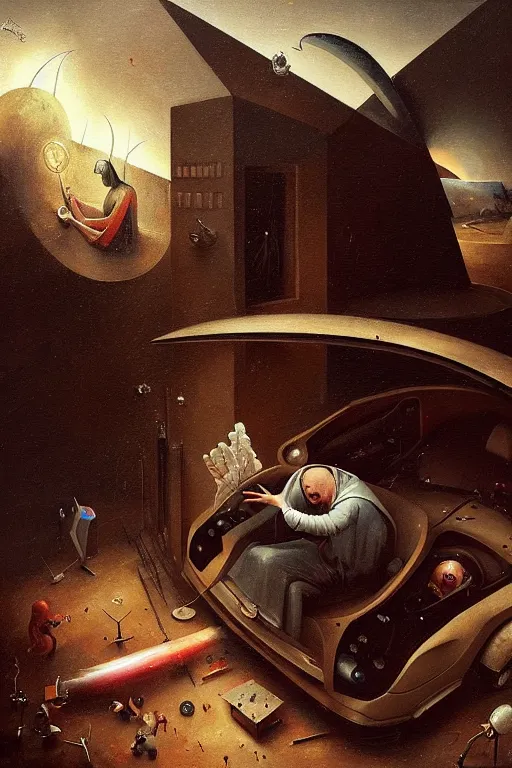 Image similar to hieronymus bosch, greg rutkowski, anna podedworna, painting of a elon musk doing heroin while driving a tesla into an orphanage