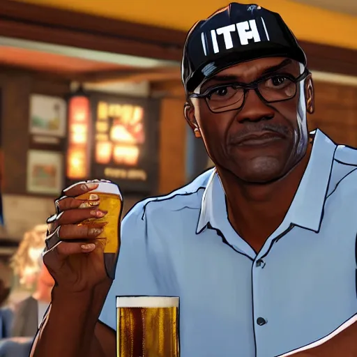 Image similar to Trevor Phillips GTA Wiki drinking a beer in a pub with Black Panther in GTA 5, photorealistic, light rays, masterpiece