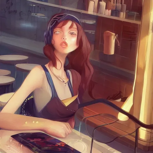 Image similar to lofi girl in the cafe, stylized, artgerm, artstation, hd, cgsociety, cgi, realistic, dramatic, cinematic, artistic, trending, detailed