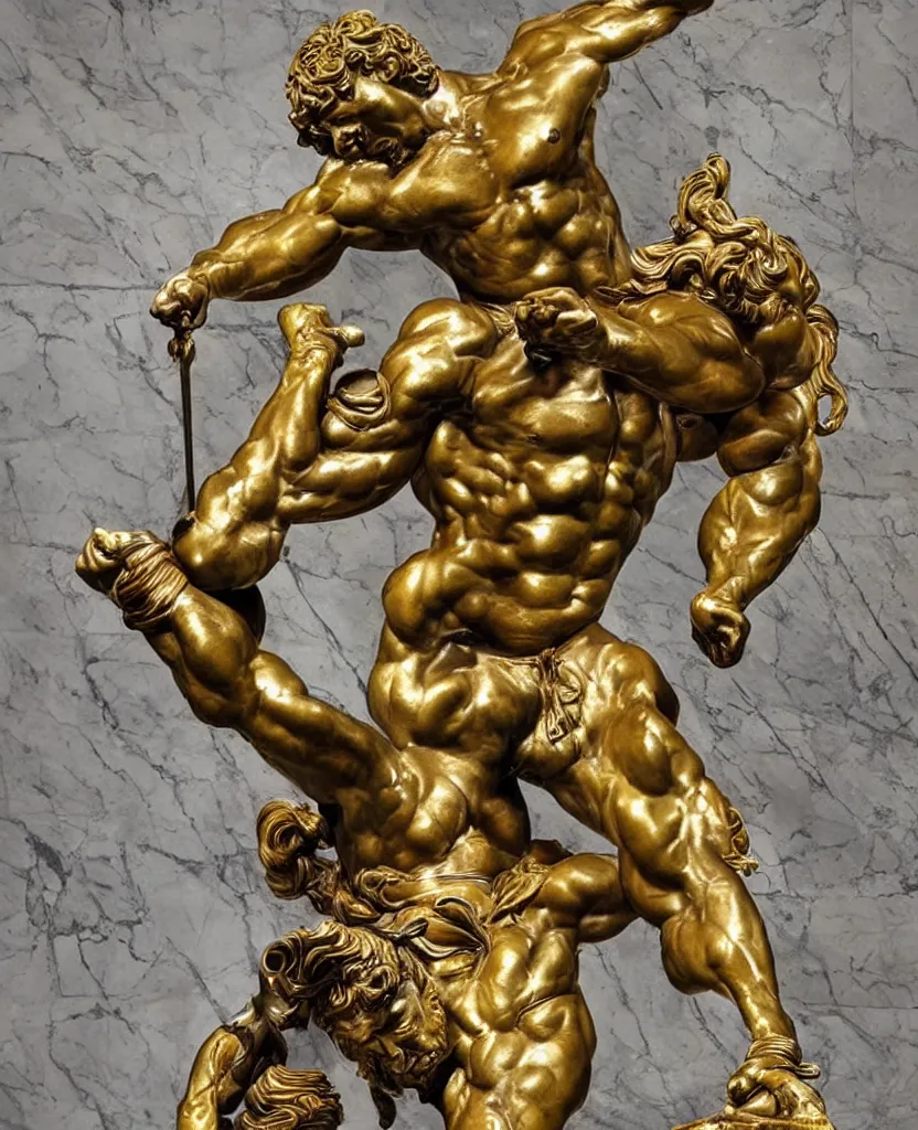 Prompt: beautiful epic intricate colourful marble spartan sculpture by michelangelo buonarroti and by gian lorenzo bernini, colour paint splashes gold plated bronze plated