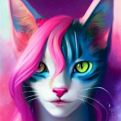 Image similar to colorful and festive cat with pink hair,. rich vivid colors, ambient lighting, dynamic lighting, 4 k, atmospheric lighting, painted, intricate, highly detailed by charlie bowater