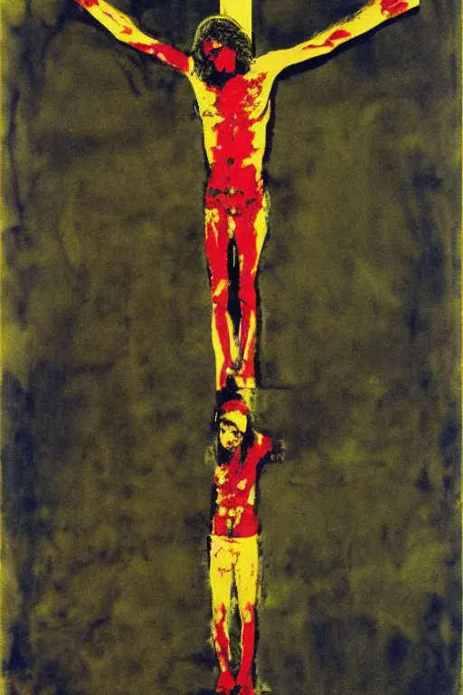 Image similar to bloody jesus christ crucified, yellow sky painted by andy warhol and cy twombly