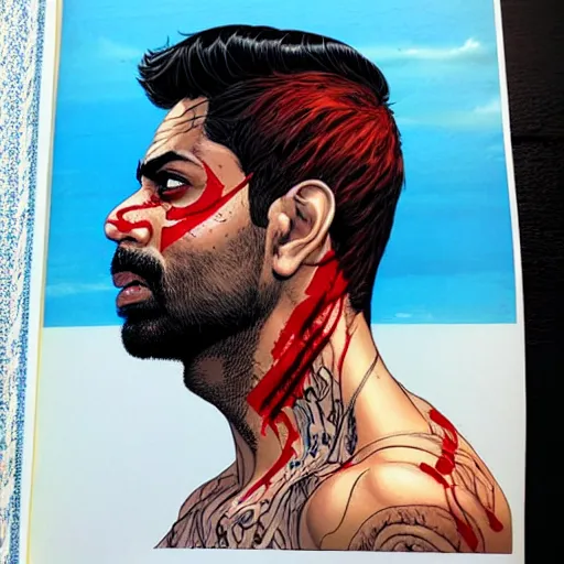 Image similar to a portrait of a pakistani man with side profile blood in ocean intricate details by MARVEL comics and Sandra Chevrier-C